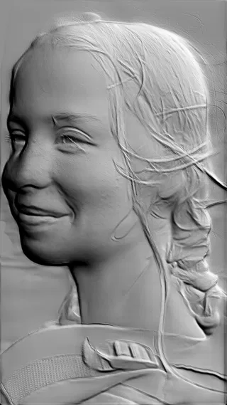 3D модель барельефа девочки с косичкой, вид сбоку, с акцентом на детализацию волос и лица.