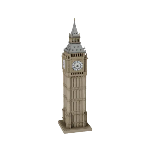 Печатная 3D модель Биг-Бена в формате STL, изометрический вид, показывающий материалы структуры достопримечательности и архит
