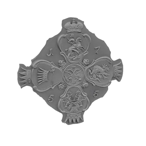 3D модель Имперской русской эмблемы с двуглавым орлом под короной, с декоративными деталями и числовыми надписями.