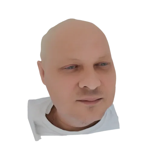 3D рендер бюста головы и плеч лысого мужчины, слегка повернутого в сторону с нейтральным выражением лица.