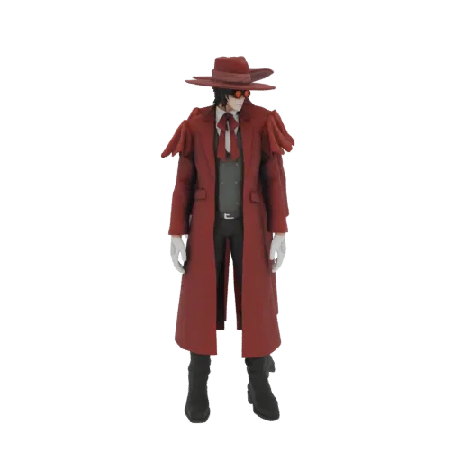 3D модель Алукарда, вампира из Hellsing, в красном пальто и шляпе, с очками с красными линзами.
