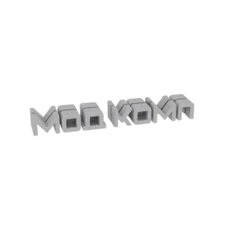 3D-рендер текста 'MODKOM' блочным, геометрическим шрифтом со светло-серым покрытием, представленный на белом фоне.