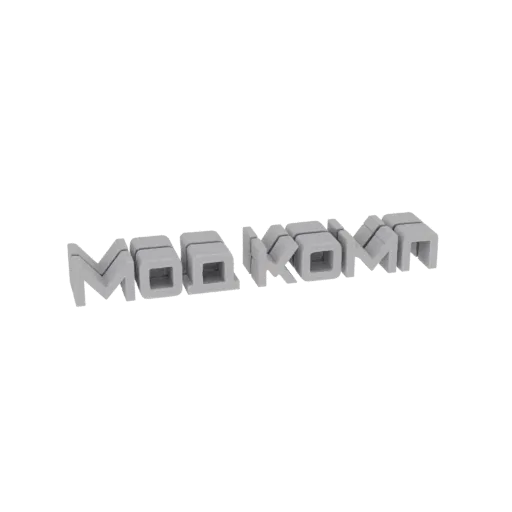 3D-рендер текста 'MODKOM' блочным, геометрическим шрифтом со светло-серым покрытием, представленный на белом фоне.