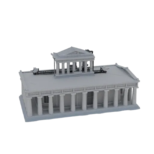 3D модель Парфенона, классического греческого храма с дорическими колоннами и треугольным фронтоном, в нейтральном сером мате