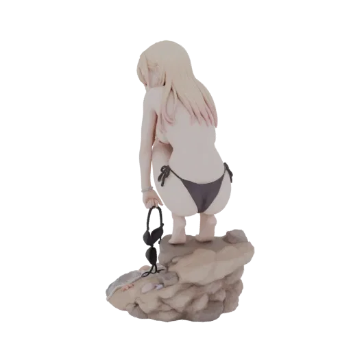 3D модель девушки со светлыми волосами в темном бикини, сидящей на камнях у моря и держащей топ.