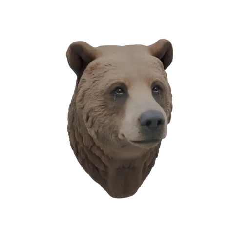 3D модель головы бурого медведя с детализированной текстурой шерсти и слегка грустным выражением, смотрящая вперед.
