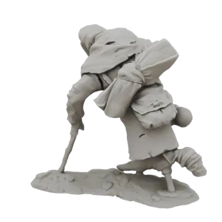 3D модель потрёпанного странника с посохом и сумкой, изображённого в динамичной, сгорбленной позе на скалистом основании.