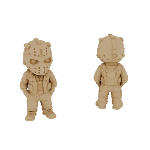 3D рендер персонажа Джейсона Вурхиза в стиле чиби в маске хоккеиста и тактическом жилете, вид спереди и сзади.