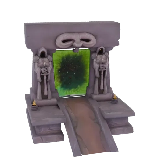 3D модель каменных врат с зеленым звездным порталом и двумя стражами в капюшонах с мечами.