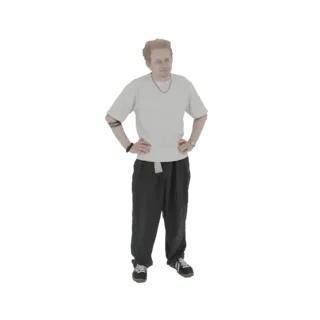 3D-модель молодого человека со светлыми волосами, в светлой футболке и темных брюках, стоящего с руками на бедрах.