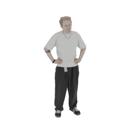 3D-модель молодого человека со светлыми волосами, в светлой футболке и темных брюках, стоящего с руками на бедрах.