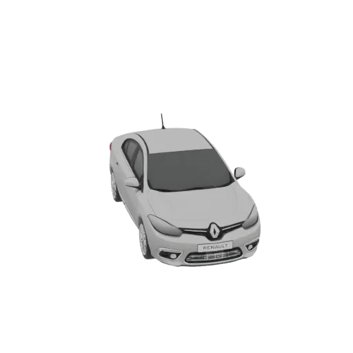 3D модель светло-серого седана Renault Fluence, вид с трехчетвертного переднего ракурса на белом фоне.
