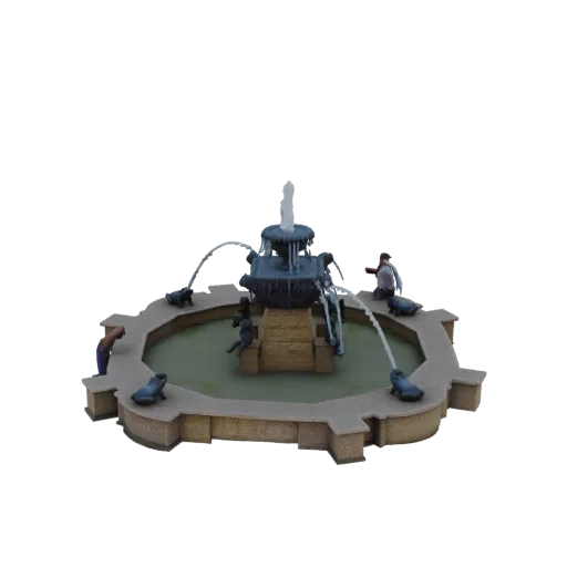 3D модель миниатюрного фонтана с лягушками и маленькими человеческими фигурками на белом фоне.