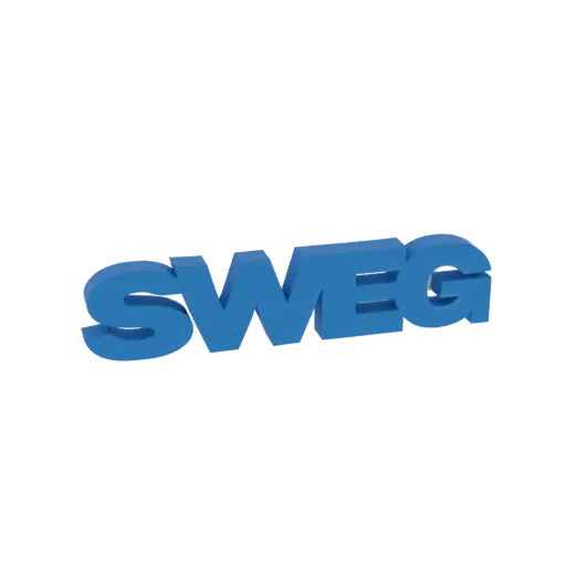 3D-рендер логотипа SWG ярко-синего цвета с небольшим наклоном.