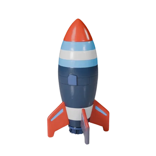 Мультяшная 3D-модель ракеты, трехчетвертной студийный вид, стилизованный ассет транспортного средства с силуэтом миссии, разд
