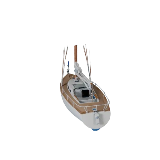 3D-модель парусной лодки, вид в три четверти в студии, готовый к работе в Blender актив с формой корпуса, планировкой палубы