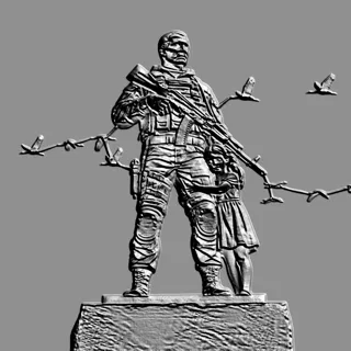 3D модель барельефа солдата, обнимающего ребенка, с автоматом в руках, в стиле гравюры
