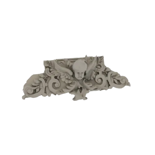 3D-модель архитектурного фрагмента в стиле барокко с лицом херувима и витиеватыми узорами, в нейтральном материале под камень