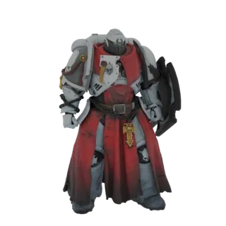 3D модель Рыцаря-Крусейдера Warhammer 40,000 в полном доспехе, держащего щит и носящего красный табард.