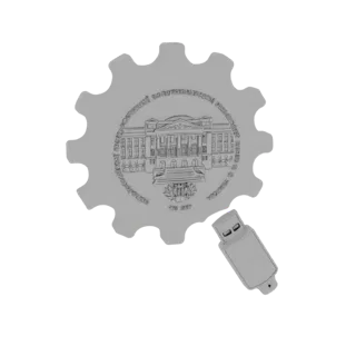 3D-модель USB-флеш-накопителя с детализированной эмблемой университета, изображающей фасад здания и зубчатый ободок, на черно
