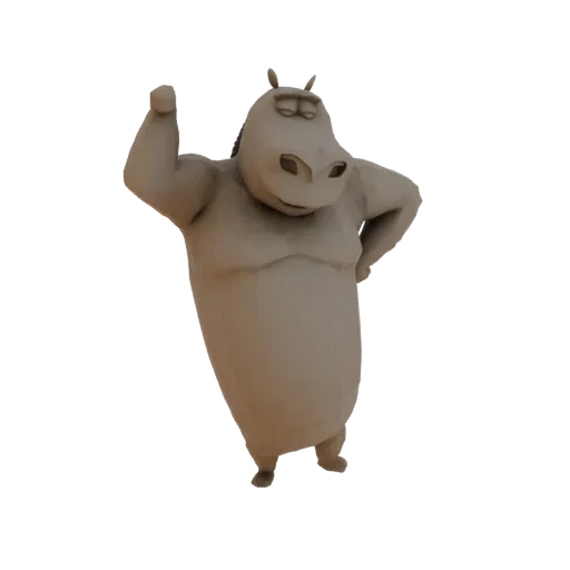 Стилизованная 3D модель светло-коричневого бегемота, стоящего с одной поднятой рукой и другой на бедре, на черном фоне.