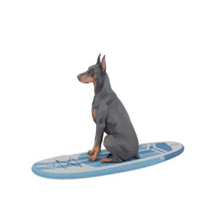 3D модель Добермана, сидящего на сине-белом серфборде, смотрящего влево.