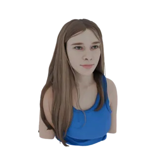 3D model of a young woman with long brown hair wearing a blue tank top, looking to the side.