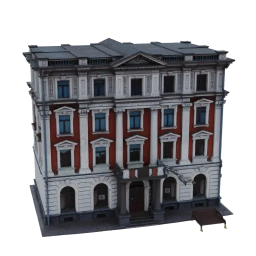 3D модель многоэтажного богато украшенного европейского здания с фасадом из красного кирпича и белого цвета, детализированным