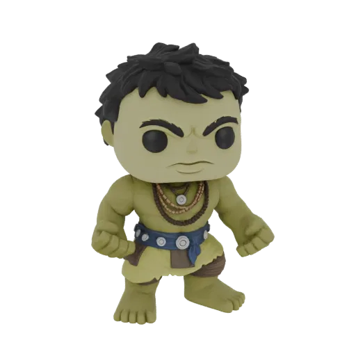 3D модель Халка в стиле Funko Pop, в гладиаторской броне и с племенными ожерельями, с решительным выражением лица.