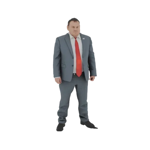 3D модель бизнесмена в сером костюме и красном галстуке, уверенно стоящего на белом фоне.