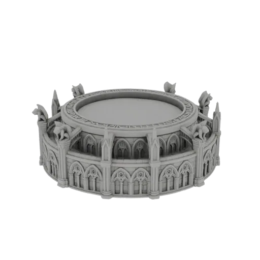 3D модель круглой готической арены с арками, горгульями и центральной платформой.