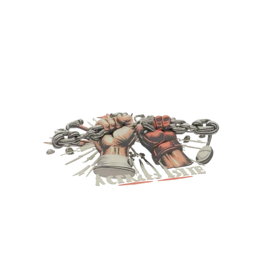 3D модель двух кулаков, ломающих металлическую цепь, символ активизма и свободы.