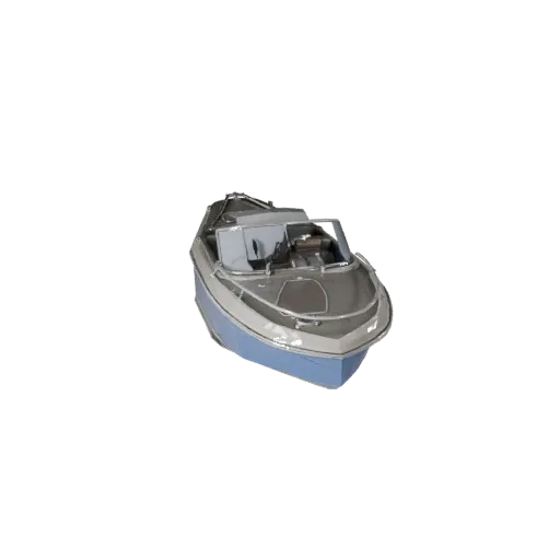 Низкополигональная 3D-модель винтажной моторной лодки, вид из игрового окна в трех четвертях, низкополигональный ассет трансп