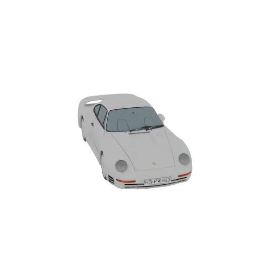 3D рендер белого спорткара Porsche 959 на черном фоне.