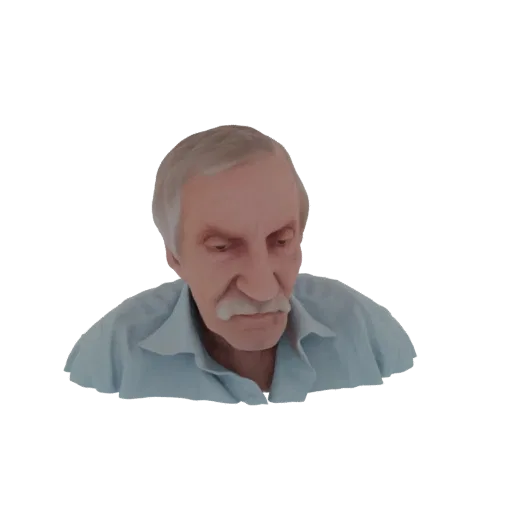 Рендер 3D модели бюста пожилого мужчины, смотрящего вниз с задумчивым выражением лица, в светло-голубой рубашке.