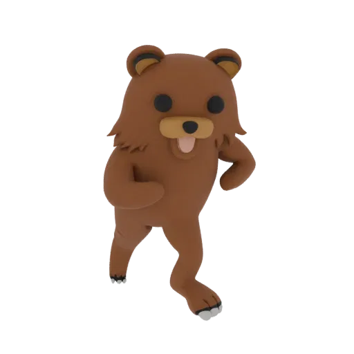 3D модель милого, стилизованного бурого медведя, бегущего с открытым ртом и высунутым языком, на белом фоне.