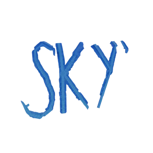 3D модель слова "SKY" с синей текстурированной отделкой на белом фоне.