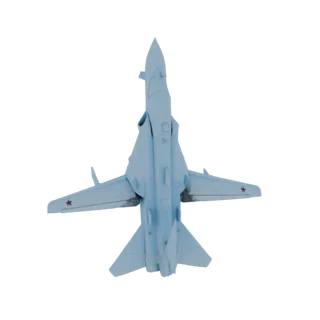 Вид сверху 3D модели российского истребителя Су-27 "Фланкер", выполненной в светло-голубом цвете.