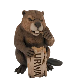 3D модель злого бобра с коричневым мехом, грызущего деревянное бревно с надписью 'URWA', на белом фоне.