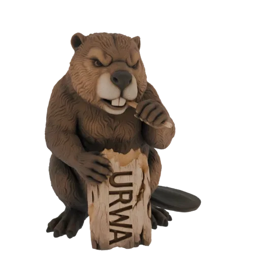 3D модель злого бобра с коричневым мехом, грызущего деревянное бревно с надписью 'URWA', на белом фоне.