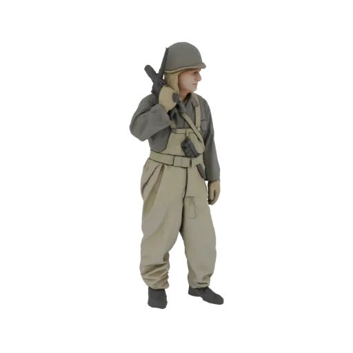 3D модель американского солдата Второй мировой войны, стоящего с винтовкой, в шлеме и униформе.