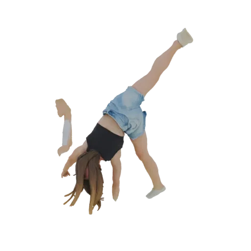 3D модель девушки, выполняющей колесо, в черном топе и джинсовых шортах, с ногами, вытянутыми вверх.