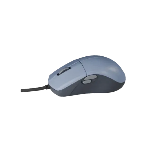 3D-модель RGB-мыши, вид спереди в три четверти, рендер студии AR-просмотра, показывающий пластиковые корпуса, настольный масш
