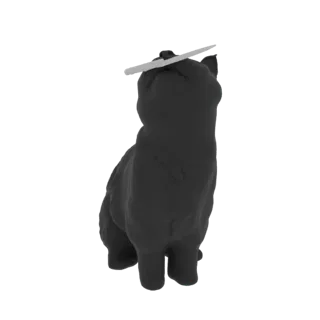 3D модель черного кота с ножом на голове в виде нимба, смотрящего вверх.