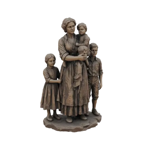 3D модель бронзовой статуи матери с одним ребенком на руках и тремя вокруг, передающая чувство семьи и защиты.