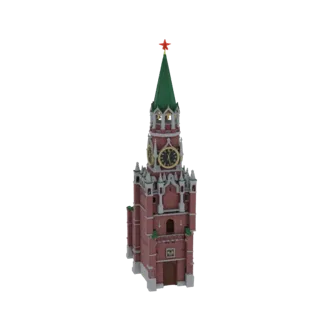 3D модель Спасской башни, краснокирпичная башня с зеленым шпилем, увенчанным красной звездой, с циферблатом часов.