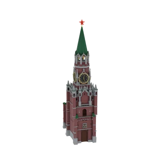3D модель Спасской башни, краснокирпичная башня с зеленым шпилем, увенчанным красной звездой, с циферблатом часов.