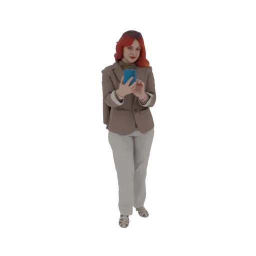 3D-модель женщины в коричневом блейзере и светлых брюках, с рыжими волосами, держащей синий смартфон.