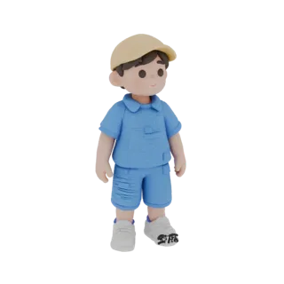 3D модель мальчика в синем костюме и желтой кепке, стоящего прямо, с улыбкой на лице