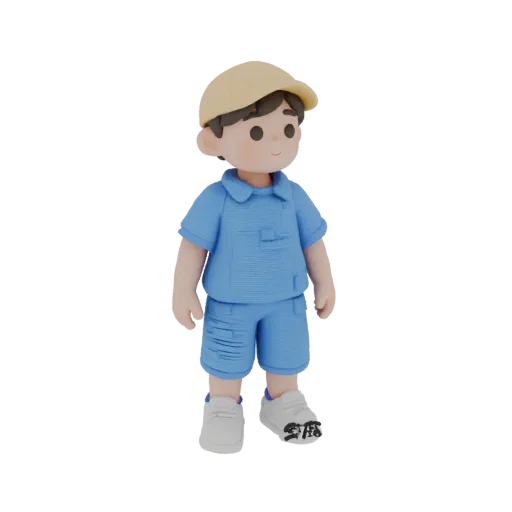 3D модель мальчика в синем костюме и желтой кепке, стоящего прямо, с улыбкой на лице